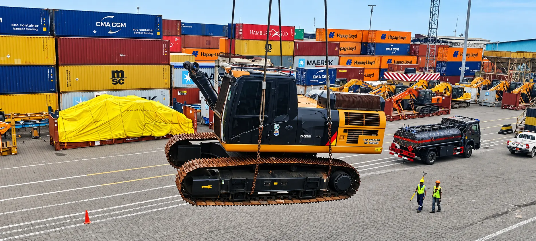 Excavator lifted across a container terminal yard