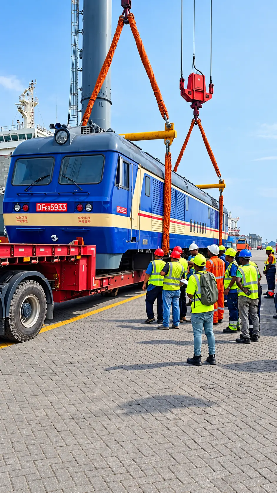 Stevedoring crew preparing a locomotive heavy lift at the quayside